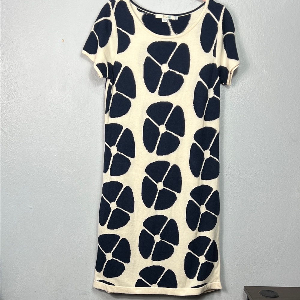 Boden Intarsia Navy Blue & Cream Allover Floral Print Sweater Dress 6